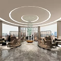 Modern Sales Office Interior With Circular Ceiling Large Chandelier City View Windows And Marble Flooring