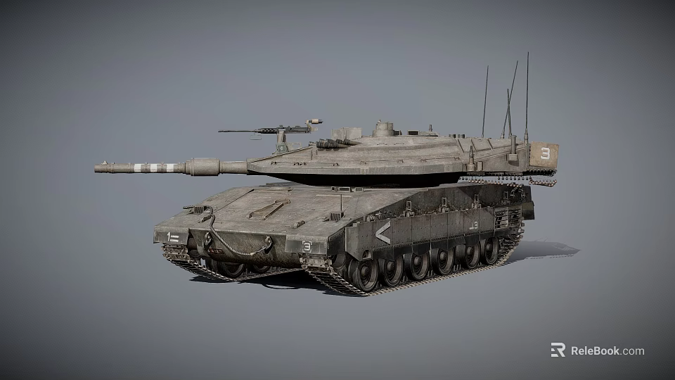 Detailed Military Tank With Long Cannon Tracks And Antennas On Gray Surface 3d model 