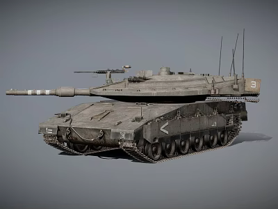 Detailed Military Tank With Long Cannon Tracks And Antennas On Gray Surface 3d model