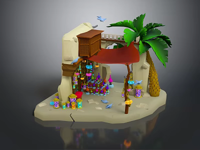 Cartoon Scene With Small Hut Red Awning Palm Tree Colorful Items And Flying Birds 3d model