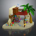 Cartoon Scene With Small Hut Red Awning Palm Tree Colorful Items And Flying Birds