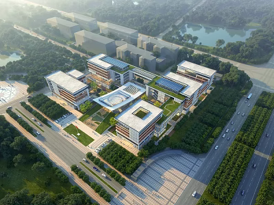 Modern School Building Complex With Multiple Buildings Central Courtyard Lush Greenery And Nearby Lake 3d model