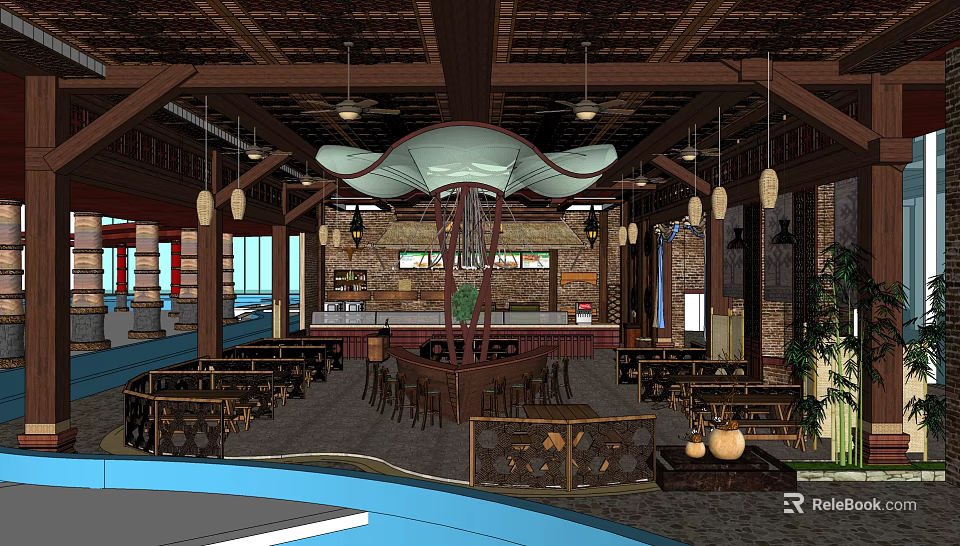 Traditional Chinese Restaurant Interior With Wooden Structure Hanging Lamps And Dining Tables 3d model 