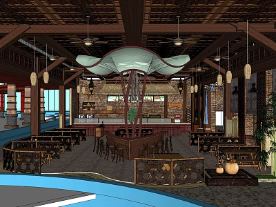 Traditional Chinese Restaurant Interior With Wooden Structure Hanging Lamps And Dining Tables 3d model