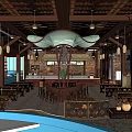 Traditional Chinese Restaurant Interior With Wooden Structure Hanging Lamps And Dining Tables
