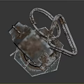 Rusty Metal Weapon Component With Cylindrical Structure Circular Holes And Blue Accents