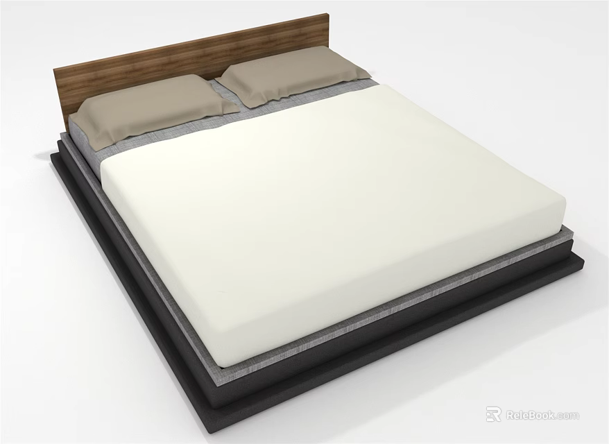 Modern Double Bed with Wooden Headboard Two Beige Pillows White Mattress and Black Frame 3d model 