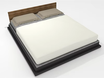 Modern Double Bed with Wooden Headboard Two Beige Pillows White Mattress and Black Frame 3d model