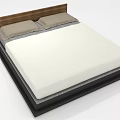 Modern Double Bed with Wooden Headboard Two Beige Pillows White Mattress and Black Frame