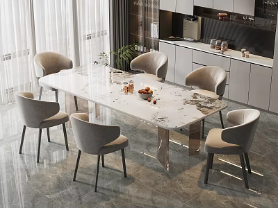 Elegant Modern Dining Table Set With Marble Top And Upholstered Gray Chairs Design 3d model