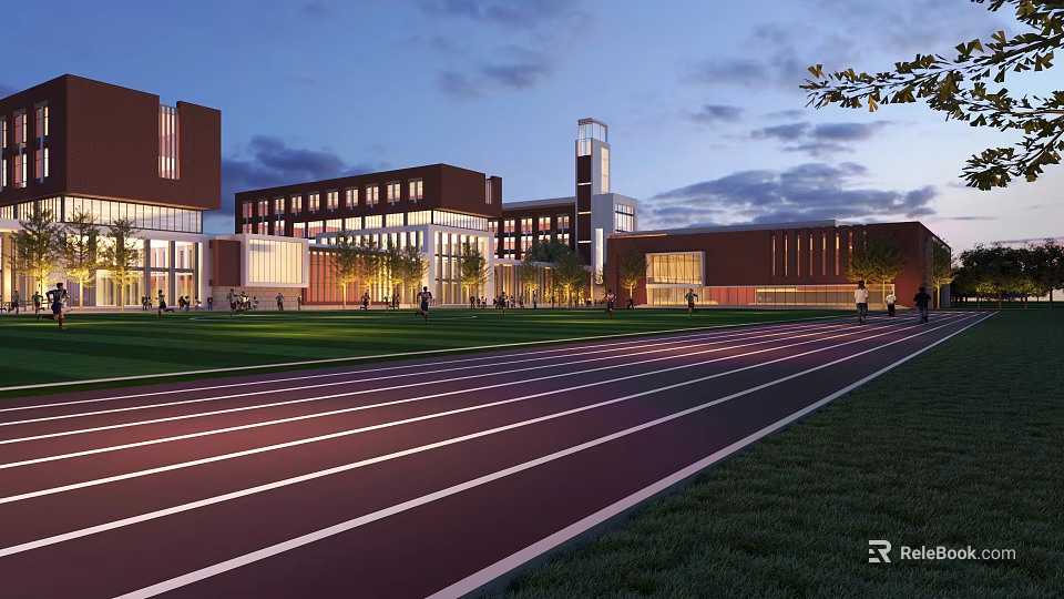 Modern School Building With Running Track Green Lawn Bell Tower And Dusk Lights 3d model 
