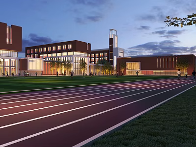 Modern School Building With Running Track Green Lawn Bell Tower And Dusk Lights 3d model