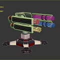 Futuristic Multi Barrel Weapon With Blue Red Glowing Lights And Stable Metallic Base