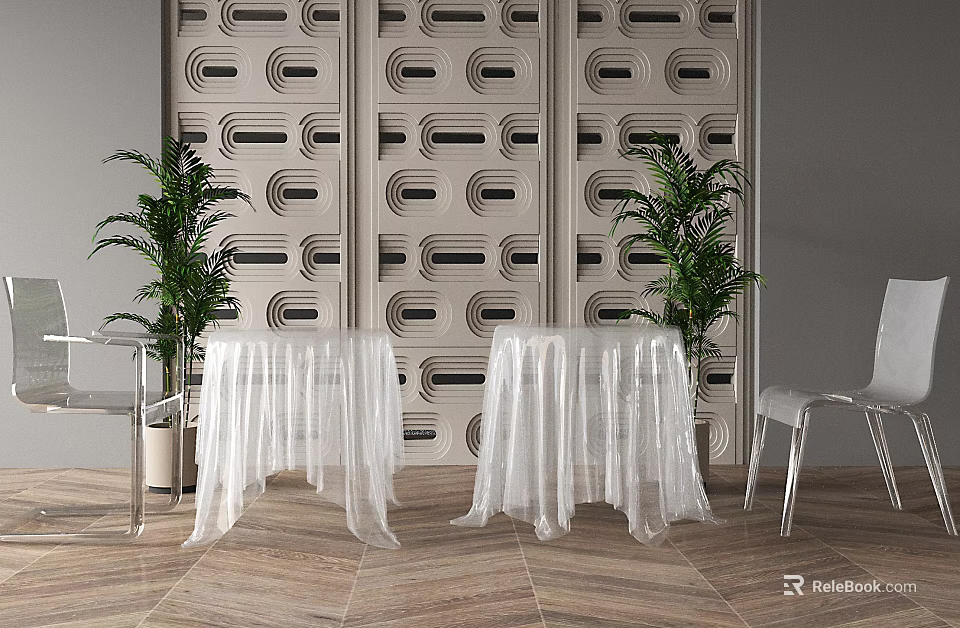 Modern Elegant Coffee Table with White Tablecloth Plants and Geometric Patterned Wall on Wooden Floor 3d model 