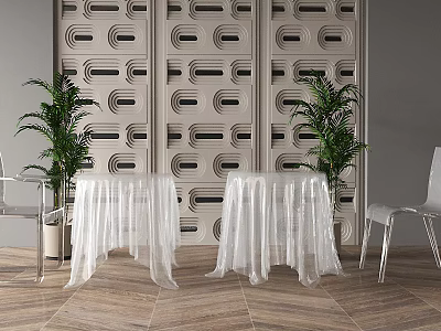 Modern Elegant Coffee Table with White Tablecloth Plants and Geometric Patterned Wall on Wooden Floor 3d model