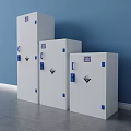 White Safety Cabinets With Blue Handles Purple Labels And Warning Signs In Different Sizes