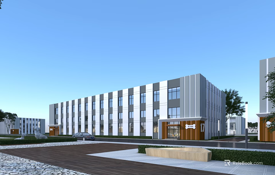 Modern Industrial Factory Building With Multi Story Exterior Large Glass Windows Landscaped Area And Parking 3d model 