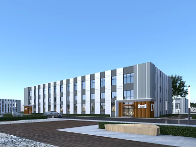 Modern Industrial Factory Building With Multi Story Exterior Large Glass Windows Landscaped Area And Parking 3d model