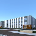 Modern Industrial Factory Building With Multi Story Exterior Large Glass Windows Landscaped Area And Parking