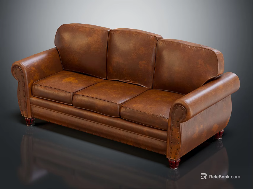 Three Seater Brown Leather Sofa With Scroll Arms And Wooden Legs 3d model 