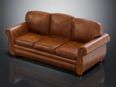 Three Seater Brown Leather Sofa With Scroll Arms And Wooden Legs 3d model