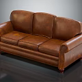 Three Seater Brown Leather Sofa With Scroll Arms And Wooden Legs