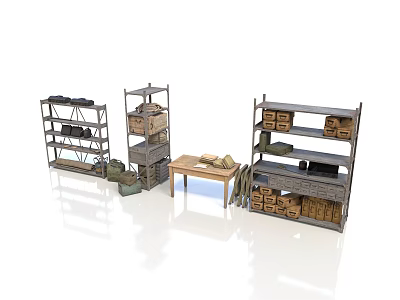 Scenic Rural Storage Space With Metal Shelves Wooden Crates And Tools 3d model