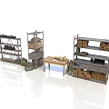 Scenic Rural Storage Space With Metal Shelves Wooden Crates And Tools