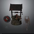 Traditional Architectural Structure With Rusty Roof Stone Mill And Wheelbarrow
