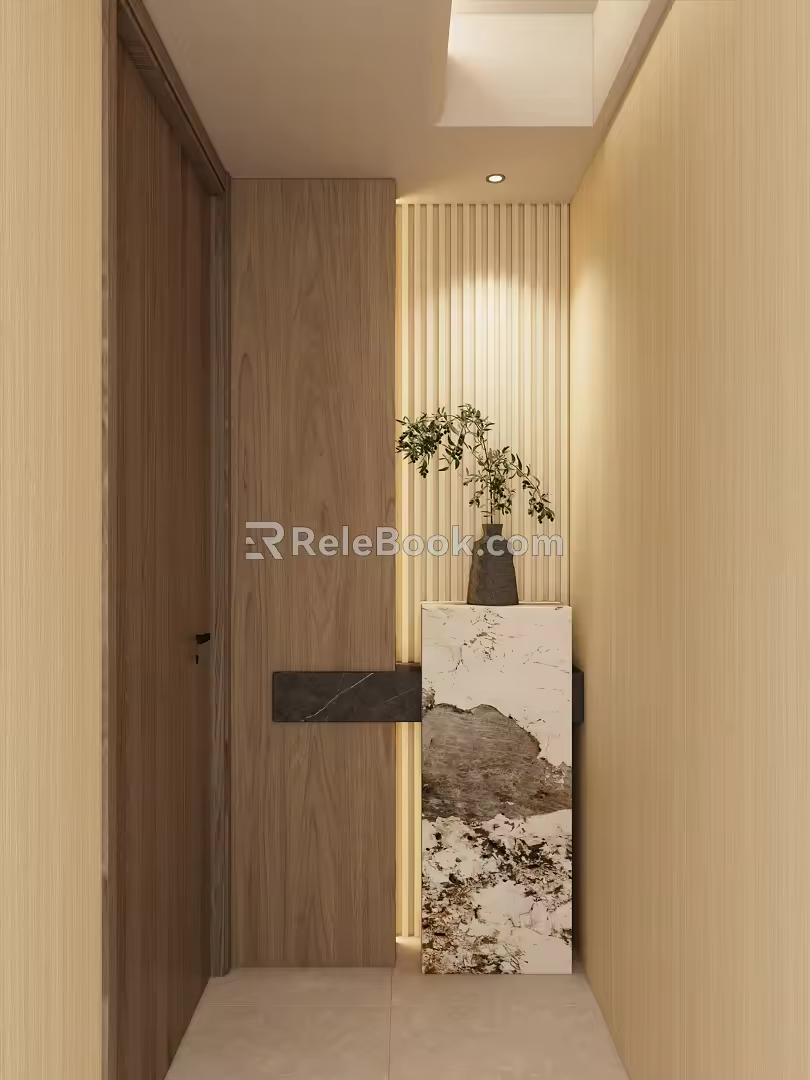 New Chinese Style Light Luxury Log Style Zen Curved Floating Roof Corridor End View Entrance 3d model