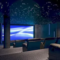 Modern Cinema Interior With Starry Ceiling Blue Lighting And Rows Of Comfortable Black Seats