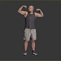 Muscular Man Flexing Biceps In Gray Tank Top Beige Shorts And White Sneakers