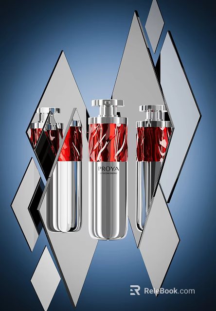 Stylish PROYA Perfume Cosmetic Bottles With Silver Cap Red Textured Body On Geometric 3d model 