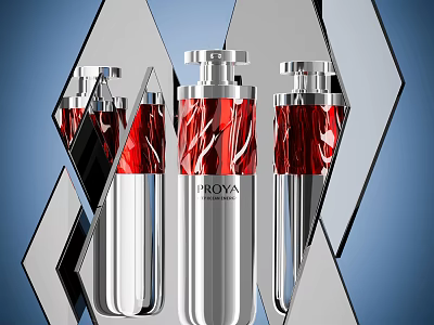 Stylish PROYA Perfume Cosmetic Bottles With Silver Cap Red Textured Body On Geometric 3d model