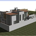 Modern Two Story Detached House With Garage White SUV Balcony Plants Palm Trees And People