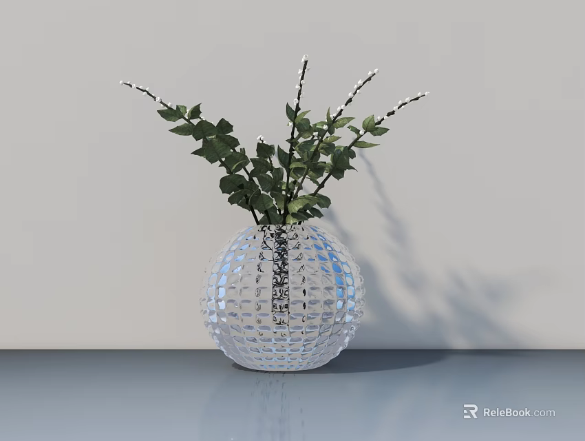 Transparent Diamond Patterned Spherical Vase With Green Leaves White Small Flowers On Light Tabletop 3d model 
