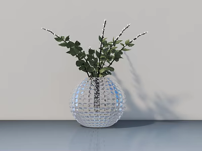 Transparent Diamond Patterned Spherical Vase With Green Leaves White Small Flowers On Light Tabletop 3d model