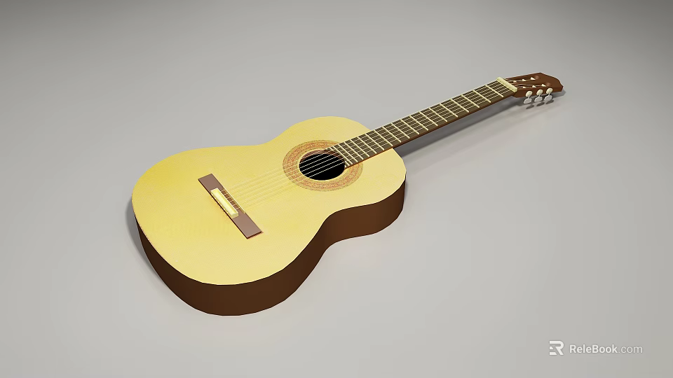 Natural Wooden Acoustic Guitar With Classic Design And Six Strings 3d model 