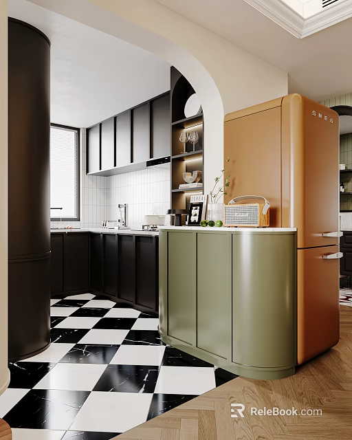 Modern Kitchen Interior With Black Cabinets Green Countertop And Orange Refrigerator 3d model 