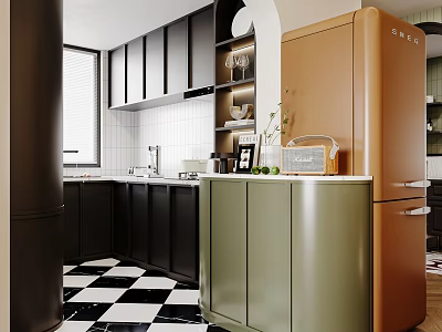 Modern Kitchen Interior With Black Cabinets Green Countertop And Orange Refrigerator 3d model