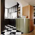 Modern Kitchen Interior With Black Cabinets Green Countertop And Orange Refrigerator