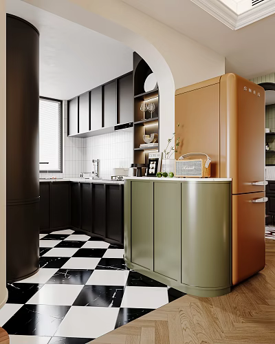 Modern Kitchen Interior With Black Cabinets Green Countertop And Orange Refrigerator 3d model