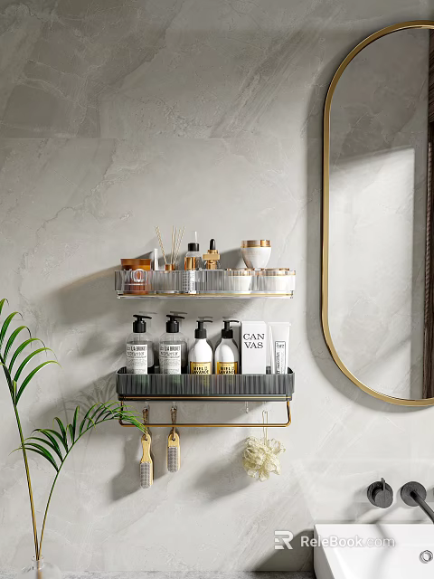 Wall Mounted Bathroom Cabinet Shelf With Double Tier Storage Toiletries Mirror And Green Plant 3d model 
