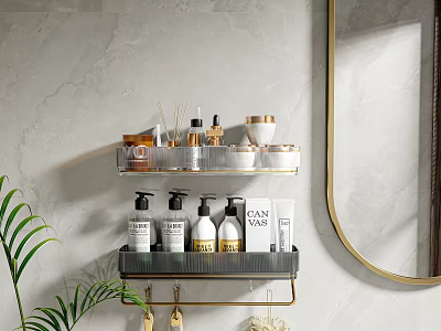 Wall Mounted Bathroom Cabinet Shelf With Double Tier Storage Toiletries Mirror And Green Plant 3d model