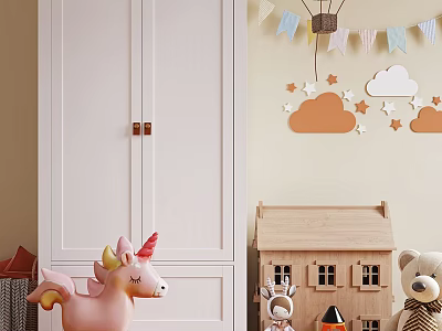 Adorable Pink Unicorn Doll Teddy Bear Wooden Dollhouse In Kids Room With Star Cloud Bunting 3d model
