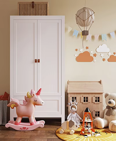 Adorable Pink Unicorn Doll Teddy Bear Wooden Dollhouse In Kids Room With Star Cloud Bunting 3d model