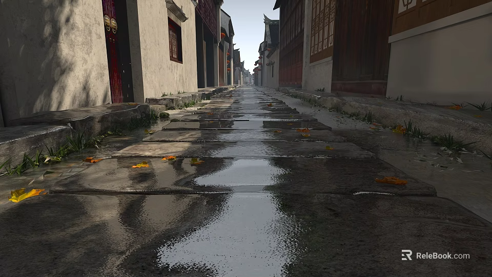 Ancient Town Rainy Alley with Wet Stone Pavement Fallen Leaves and Traditional Buildings 3d model 