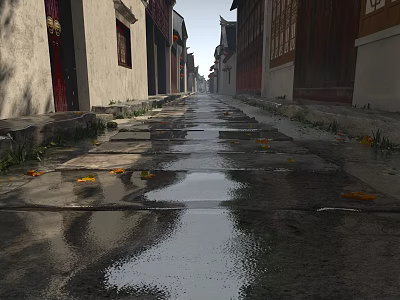 Ancient Town Rainy Alley with Wet Stone Pavement Fallen Leaves and Traditional Buildings 3d model