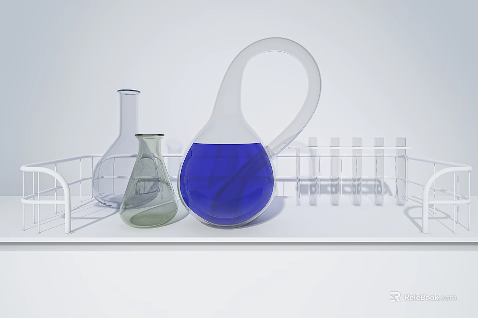 Translucent Ceramic Vessels With Blue Liquid In Various Shapes On Tray 3d model 