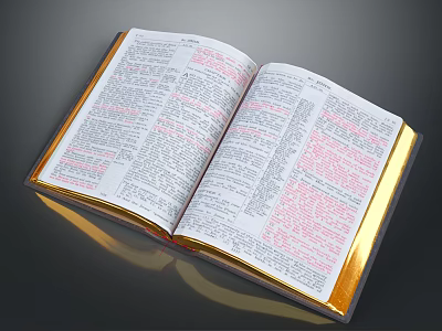Open Book With Golden Edges And Text Pages On Dark Background 3d model